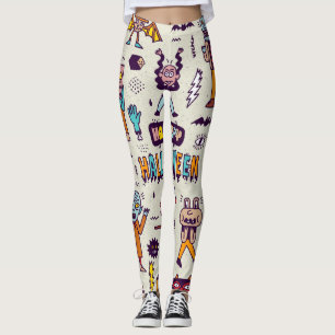 Halloween doodles, wacky cartoon seamless set. leggings