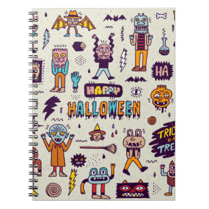 Halloween doodles, wacky cartoon seamless set. notebook