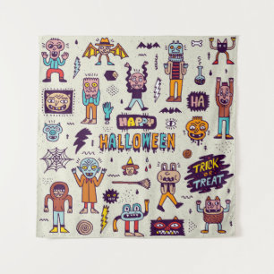 Halloween doodles, wacky cartoon seamless set. tapestry