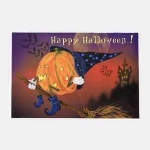 Halloween Doormat Witch Pumpkin Flying Broom