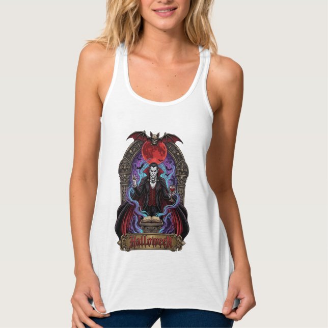 Halloween Dracula Red Moon Bats Skull_1 Singlet (Front)