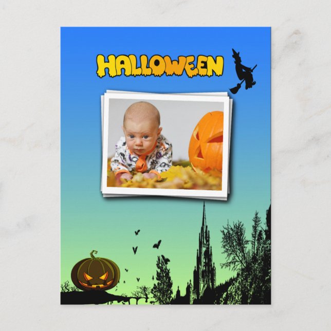 Halloween Dusk with Witch Add Photo Frame Postcard (Front)
