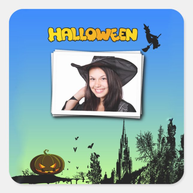 Halloween Dusk with Witch Add Photo Frame Square Sticker (Front)