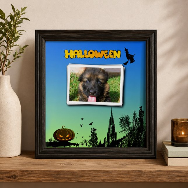 Halloween Dusk with Witch Add Photo Frame Tile (Halloween Dusk with Witch Add Photo Frame Ceramic Tile)
