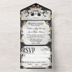 Halloween Elegant Black Rose Skeletons MENU RSVP All In One Invitation