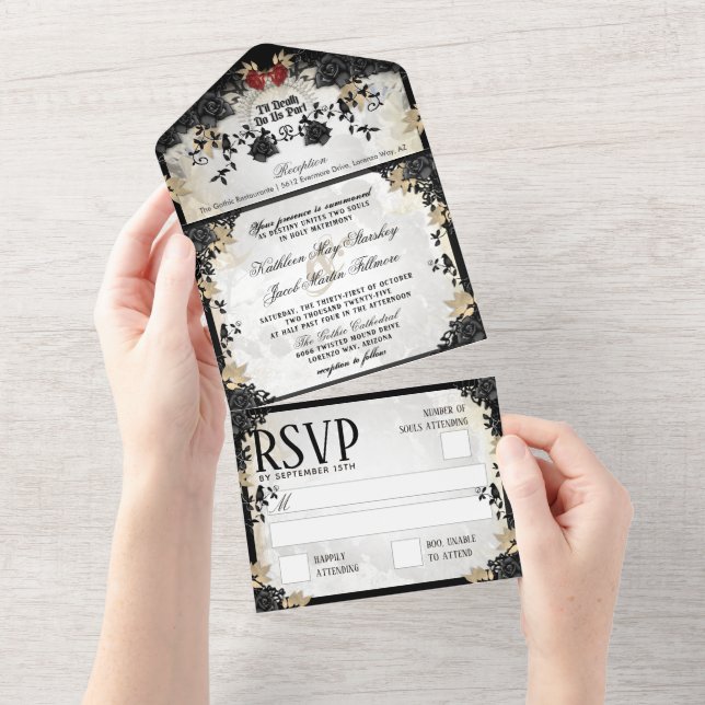 Halloween Elegant Black Rose Wedding Skeletons All In One Invitation (Tearaway)