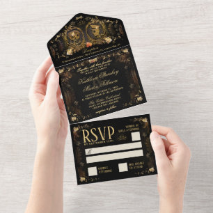 Halloween Elegant Golden Skeletons - Together With All In One Invitation