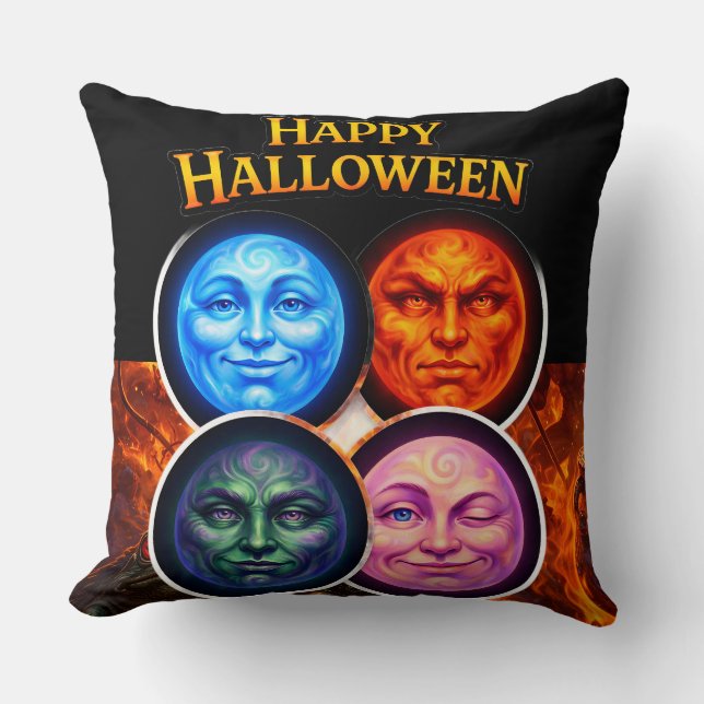 Halloween elemental moon faces, Gothic fantasy squ Cushion (Front)