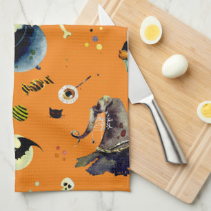 Halloween Elements  on Orange  Tea Towel
