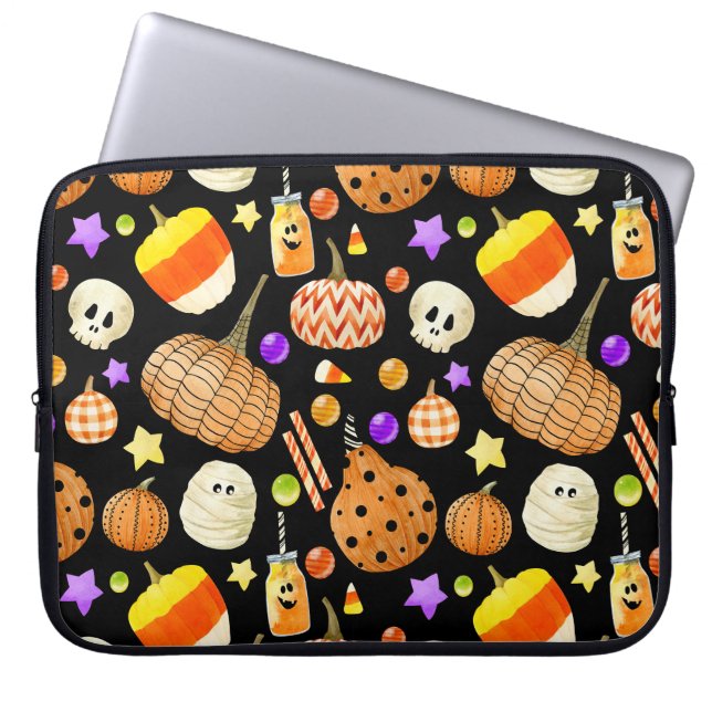 Halloween elements: pumpkins, skull, mummy pattern laptop sleeve (Front)