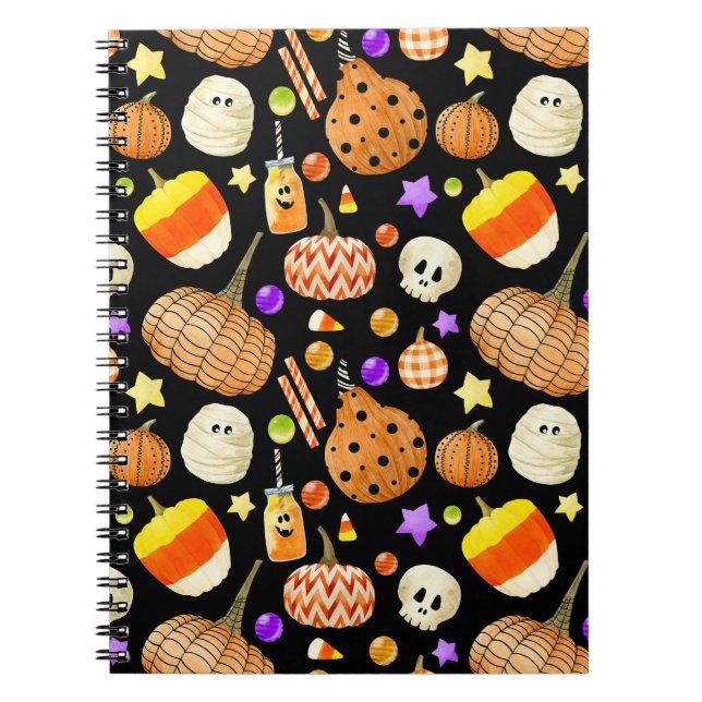 Halloween elements: pumpkins, skull, mummy pattern notebook (Front)