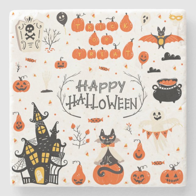 Halloween Elements Vintage Set Design Stone Coaster (Front)