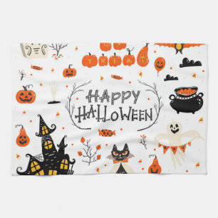Halloween Elements Vintage Set Design Tea Towel