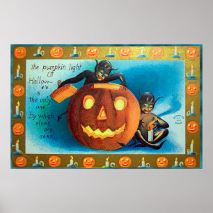 Halloween elves and pumpkin Vintage party poster