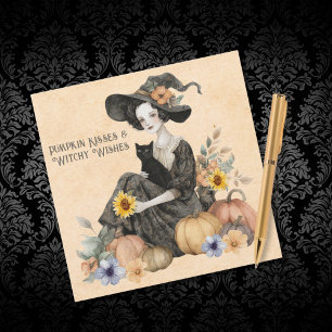 Halloween Enchanting Witch Cat Pumpkins & Flowers  Holiday Card