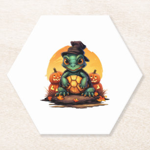 Halloween Enchantment Turtle with Hat in Autumn Paper Coaster