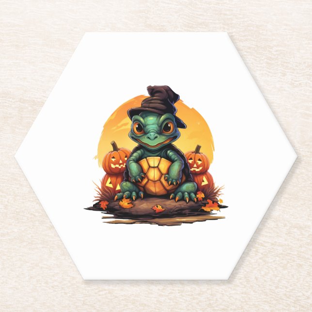 Halloween Enchantment Turtle with Hat in Autumn Paper Coaster (Front)