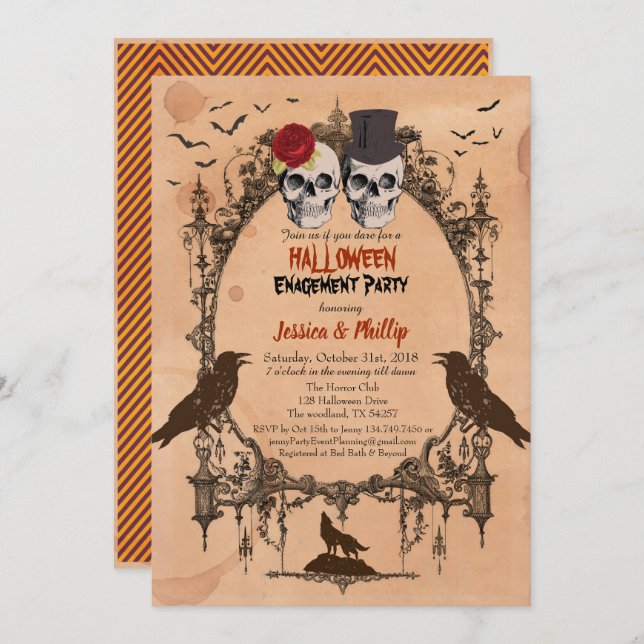 Halloween engagement party invitation sugar skull (Front/Back)