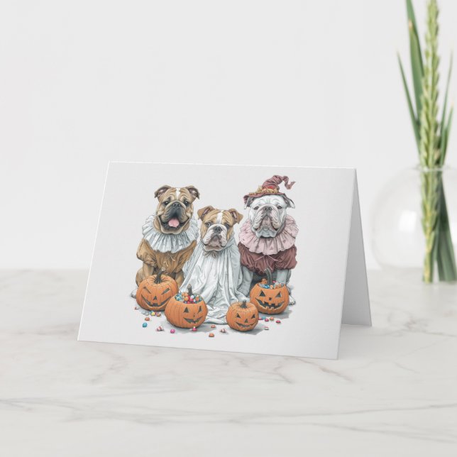 Halloween English Bulldogs Pumpkin Holiday Card (Front)
