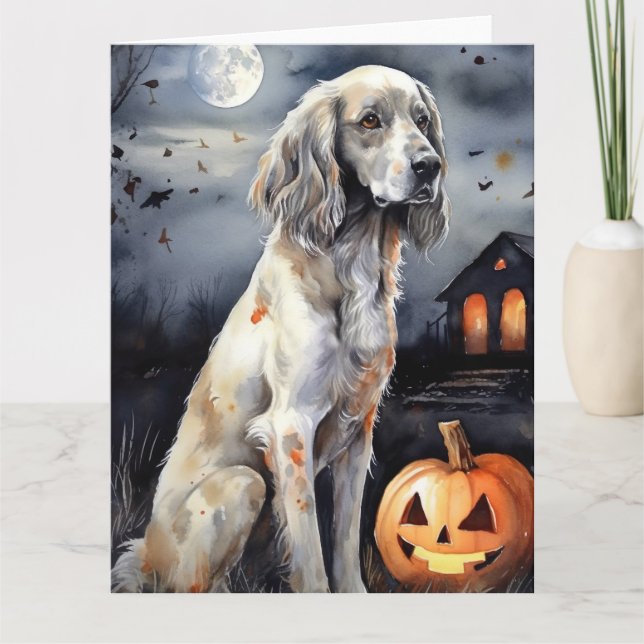 Halloween English Setter With Pumpkins Scary Card (Front)