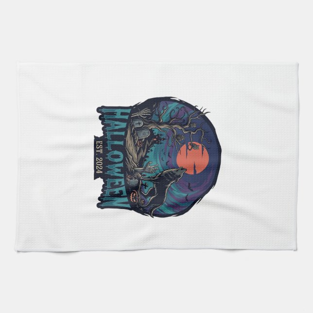 Halloween Est Howling Wolf Red Moon Zombie Hand_1 Tea Towel (Horizontal)