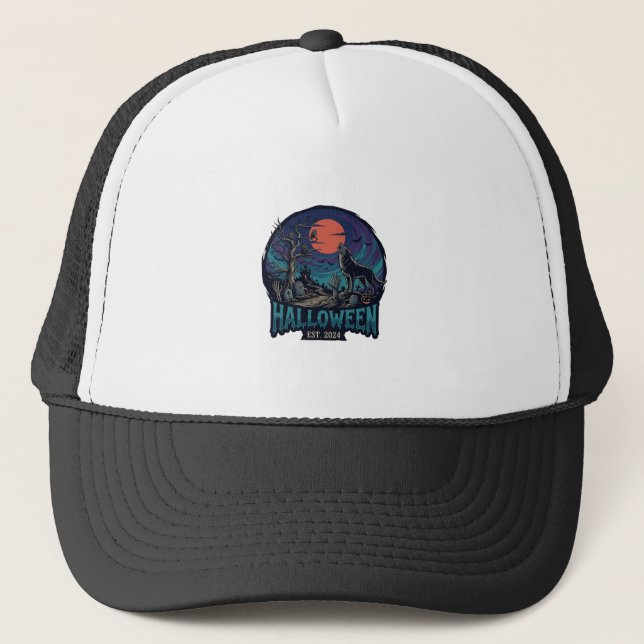 Halloween Est Howling Wolf Red Moon Zombie Hand_1 Trucker Hat (Front)