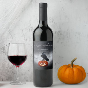 Halloween Evil Pumpkin and Raven Personalised  Wine Label