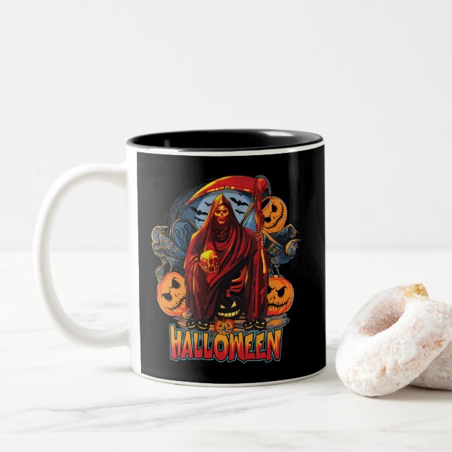 Halloween Evil skeleton, Pumpkin Two-Tone Coffee Mug (With Donut)