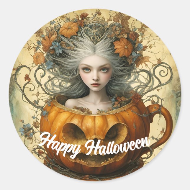 Halloween Fairy in a Teacup Classic Round Sticker (Front)