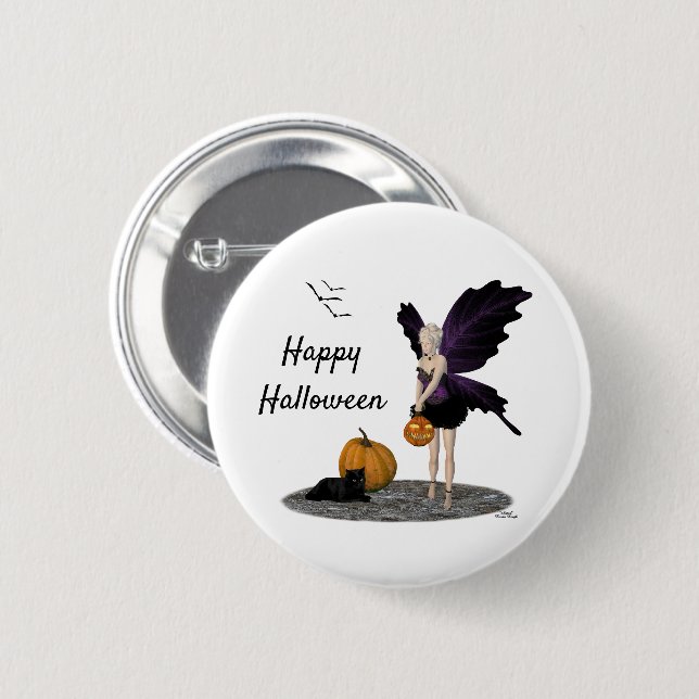 Halloween Fairy With Pumpkin Pin Button (Front & Back)