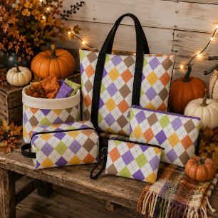 Halloween Fall Argyle Purple Orange & Lime Green Fabric