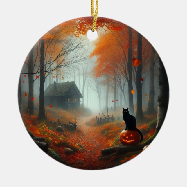 Halloween/Fall/Autumn/pumpkin/cat  Ceramic Tree Decoration (Front)