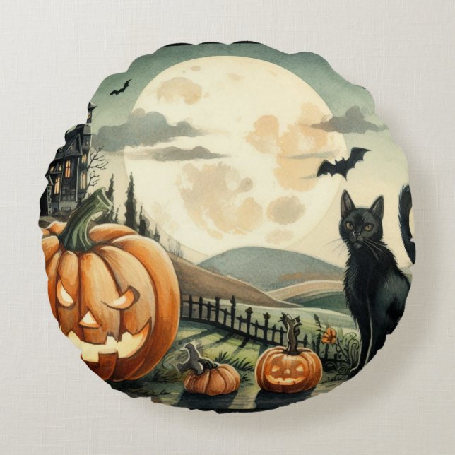Halloween/Fall/Autumn/pumpkin/cat Round Cushion (Front)