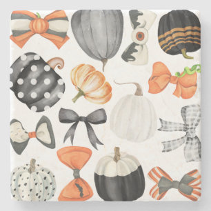 Halloween fall bow watercolor pattern pumpkin stone coaster