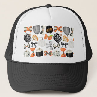 Halloween fall bow watercolor pattern pumpkin trucker hat