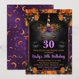 Halloween Fall Floral Unicorn Face Birthday Invitation