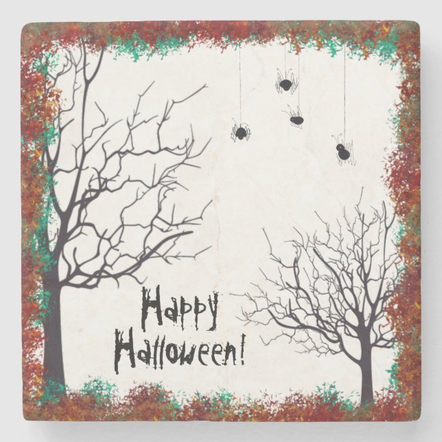 Halloween Fall Leaves Spooky Trees Spiders Stone Coaster (Front)