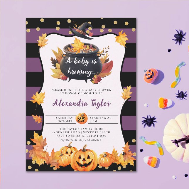 Halloween Fall Pumpkin Witch Cute Baby Girl Shower Invitation (halloween baby shower witch cauldron pumpkin invitation october novermber fall)