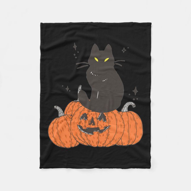 Halloween Fall Spooky Cat With Pumpkin  Fleece Blanket (Front)