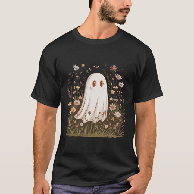 Halloween Fall Vibes Floral Ghost  T-Shirt (Front)