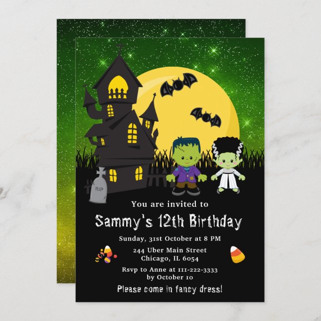 Halloween Fancy Dress Birthday Monsters Green Invitation (Front/Back)