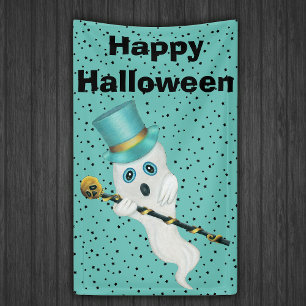 Halloween Fancy Ghost Top Hat Gold Skull Stars Banner