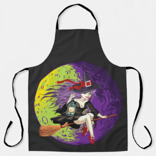 Halloween Fantasy Beautiful Witch Riding Broom Apron