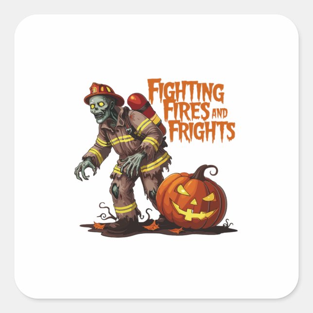 Halloween Firefighter Fighting Fires and Frights Square Sticker (Front)