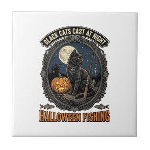 Halloween Fishing Cat Vintage Pumpkin Design_1 Tile