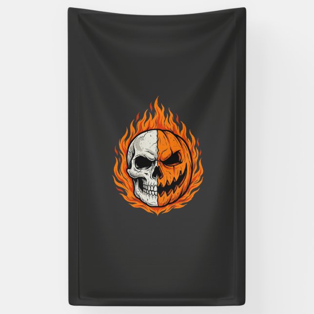 Halloween Flaming Skull Pumpkin Split Face Design Banner (Vertical)