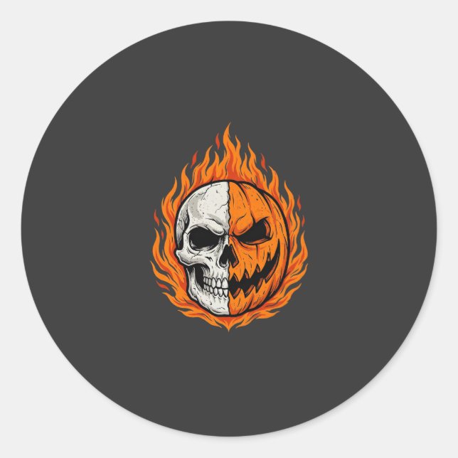 Halloween Flaming Skull Pumpkin Split Face Design Classic Round Sticker (Front)