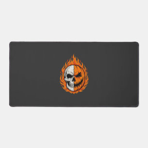 Halloween Flaming Skull Pumpkin Split Face Design Desk Mat