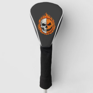 Halloween Flaming Skull Pumpkin Split Face Design Golf Head Cover