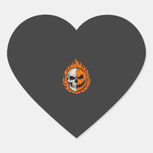 Halloween Flaming Skull Pumpkin Split Face Design Heart Sticker